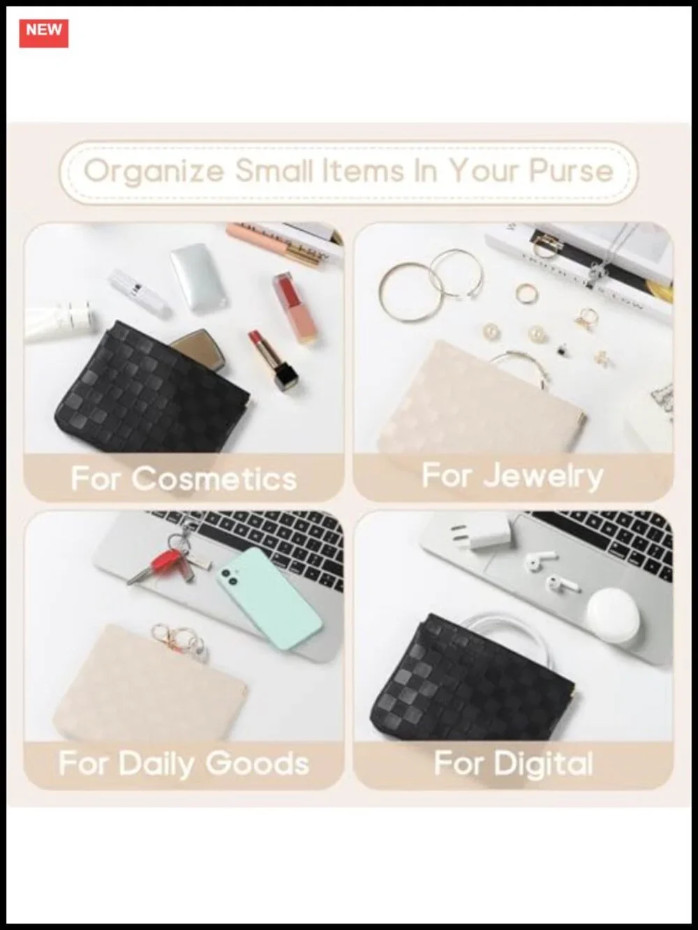 2PCS PU Leather Cosmetic Pouch Makeup Bag Checkered Travel Organizer